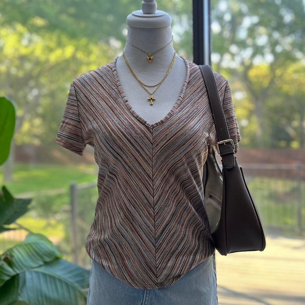 New York & Company Brown Striped V-Neck Top